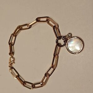 Vintage Mother of Pearl & Rhinestone Gold-Tone Link 7.5" Bracelet